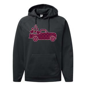 Cute Valentine's Day Plaid Pickup Truck With Hearts Performance Fleece Hoodie