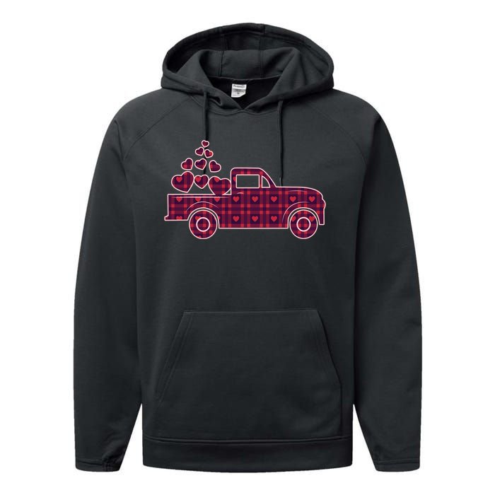 Cute Valentine's Day Plaid Pickup Truck With Hearts Performance Fleece Hoodie