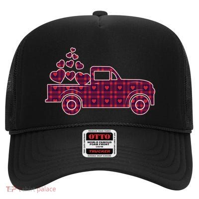 Cute Valentine's Day Plaid Pickup Truck With Hearts High Crown Mesh Back Trucker Hat