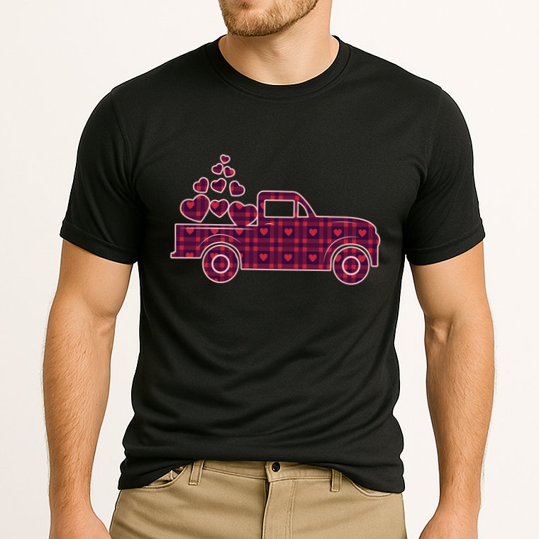 Cute Valentine's Day Plaid Pickup Truck With Hearts Cooling Performance Crew T-Shirt