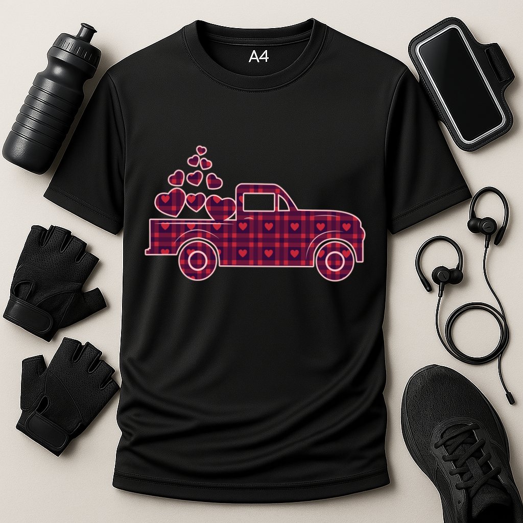 Cute Valentine's Day Plaid Pickup Truck With Hearts Cooling Performance Crew T-Shirt