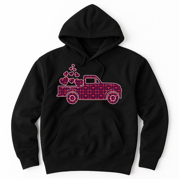 Cute Valentine's Day Plaid Pickup Truck With Hearts Hoodie