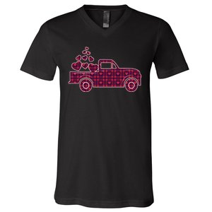 Cute Valentine's Day Plaid Pickup Truck With Hearts V-Neck T-Shirt