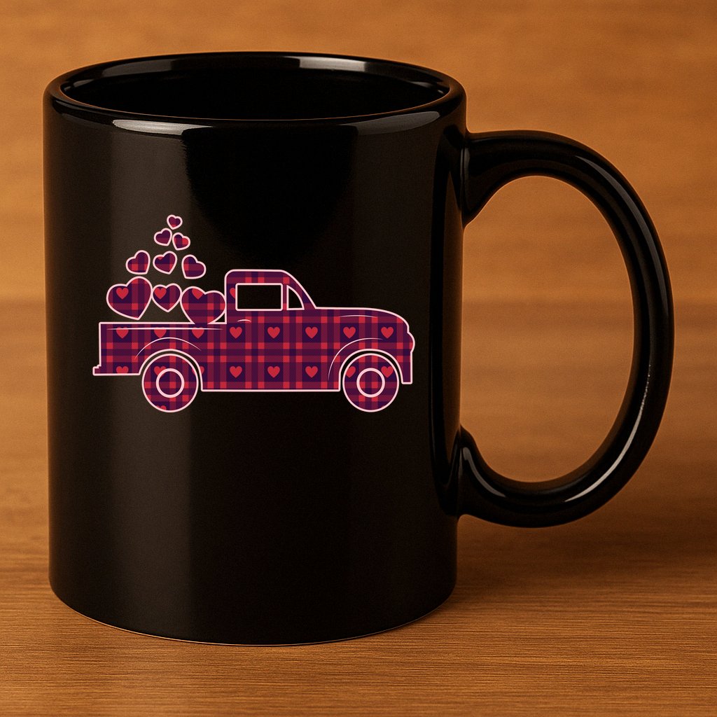 Cute Valentine's Day Plaid Pickup Truck With Hearts 11oz C Handle Ceramic Mug