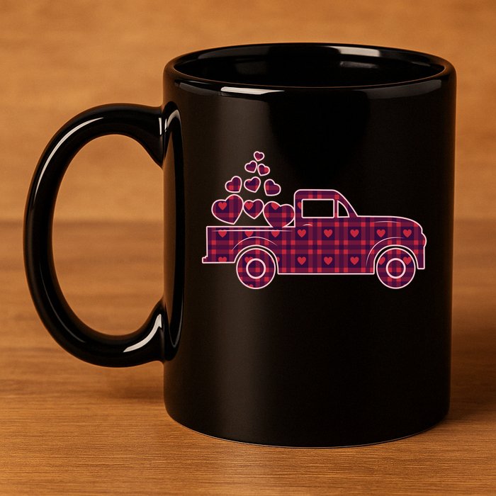Cute Valentine's Day Plaid Pickup Truck With Hearts 11oz C Handle Ceramic Mug