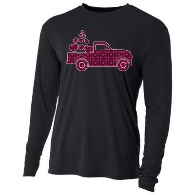 Cute Valentine's Day Plaid Pickup Truck With Hearts Cooling Performance Long Sleeve Crew