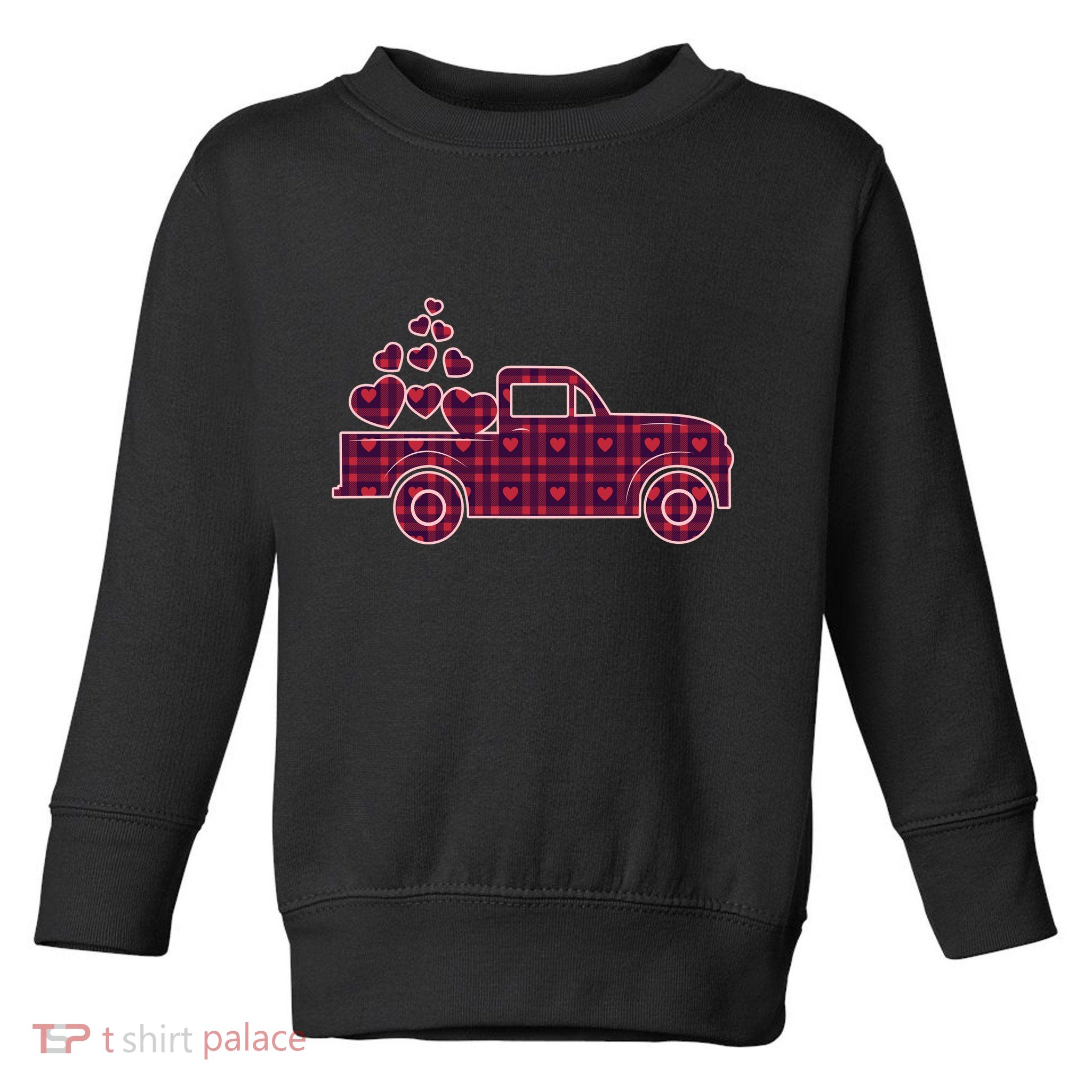 Cute Valentine's Day Plaid Pickup Truck With Hearts Toddler Sweatshirt