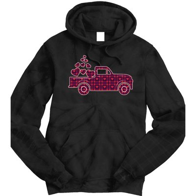 Cute Valentine's Day Plaid Pickup Truck With Hearts Tie Dye Hoodie