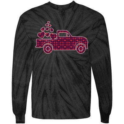 Cute Valentine's Day Plaid Pickup Truck With Hearts Tie-Dye Long Sleeve Shirt