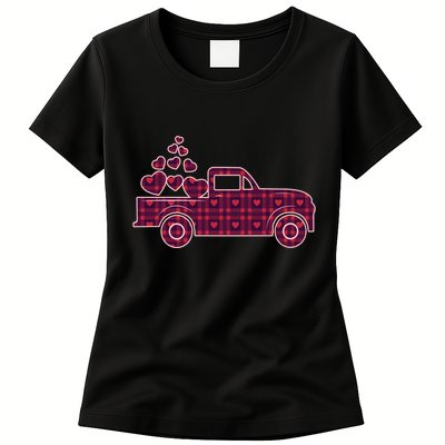 Cute Valentine's Day Plaid Pickup Truck With Hearts Womens T-Shirt