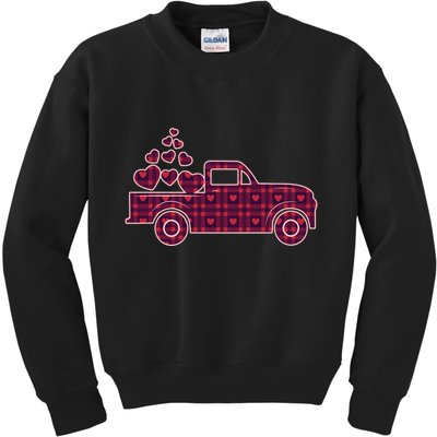 Cute Valentine's Day Plaid Pickup Truck With Hearts Kids Sweatshirt