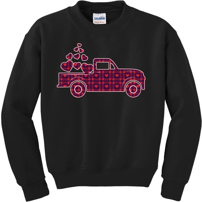 Cute Valentine's Day Plaid Pickup Truck With Hearts Kids Sweatshirt