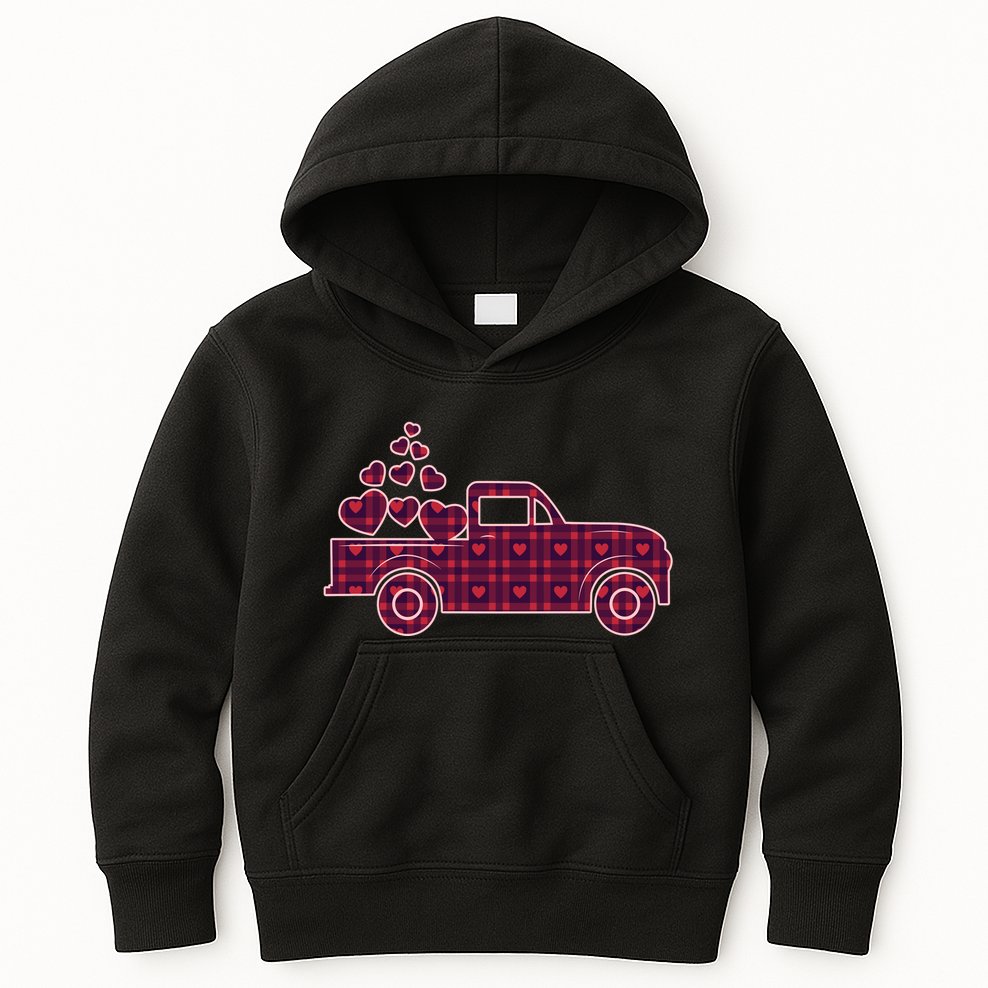 Cute Valentine's Day Plaid Pickup Truck With Hearts Kids Hoodie
