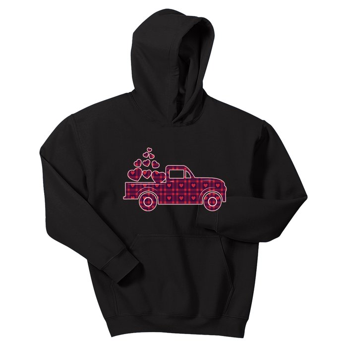 Cute Valentine's Day Plaid Pickup Truck With Hearts Kids Hoodie