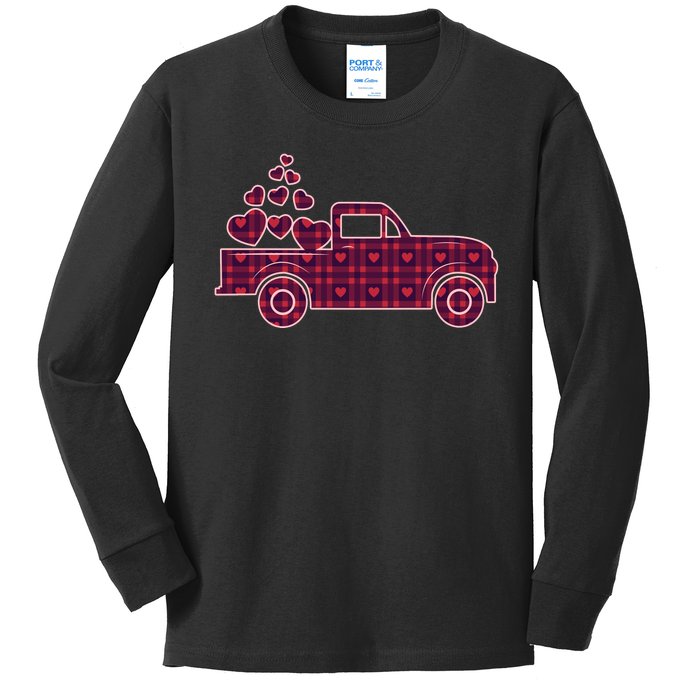 Cute Valentine's Day Plaid Pickup Truck With Hearts Kids Long Sleeve Shirt