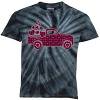 Cute Valentine's Day Plaid Pickup Truck With Hearts Kids Tie-Dye T-Shirt