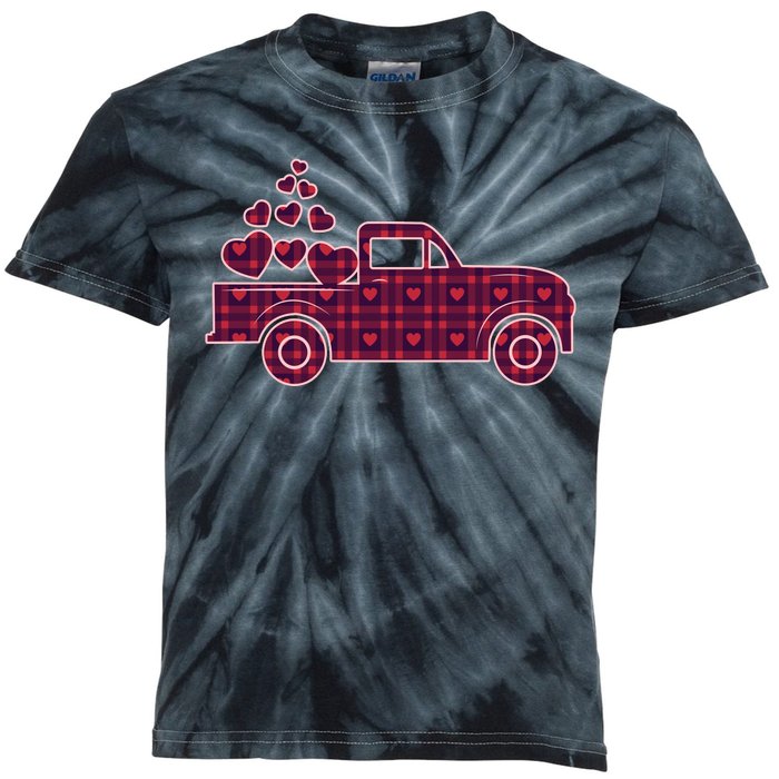 Cute Valentine's Day Plaid Pickup Truck With Hearts Kids Tie-Dye T-Shirt