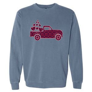 Cute Valentine's Day Plaid Pickup Truck With Hearts Garment-Dyed Sweatshirt