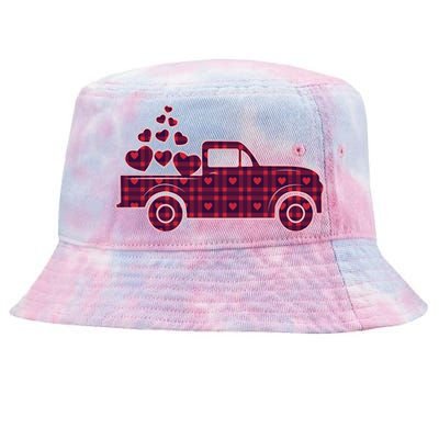 Cute Valentine's Day Plaid Pickup Truck With Hearts Tie-Dyed Bucket Hat