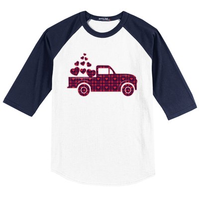 Cute Valentine's Day Plaid Pickup Truck With Hearts Baseball Sleeve Shirt