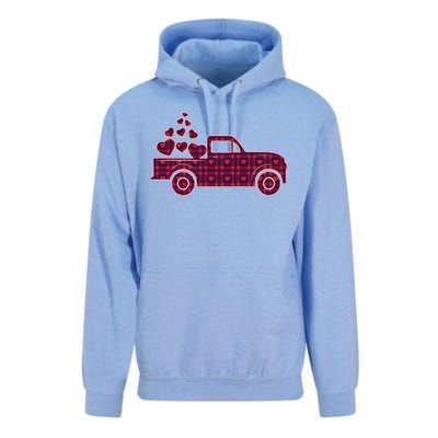 Cute Valentine's Day Plaid Pickup Truck With Hearts Unisex Surf Hoodie