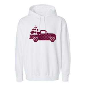 Cute Valentine's Day Plaid Pickup Truck With Hearts Garment-Dyed Fleece Hoodie