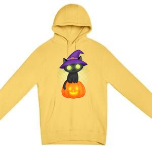 Cute Witch Kitten With Pumpkin Premium Pullover Hoodie