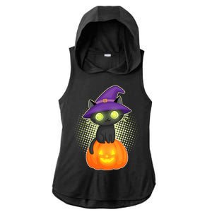 Cute Witch Kitten With Pumpkin Ladies PosiCharge Tri-Blend Wicking Draft Hoodie Tank