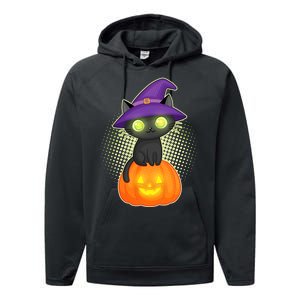 Cute Witch Kitten With Pumpkin Performance Fleece Hoodie