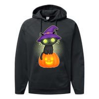 Cute Witch Kitten With Pumpkin Performance Fleece Hoodie