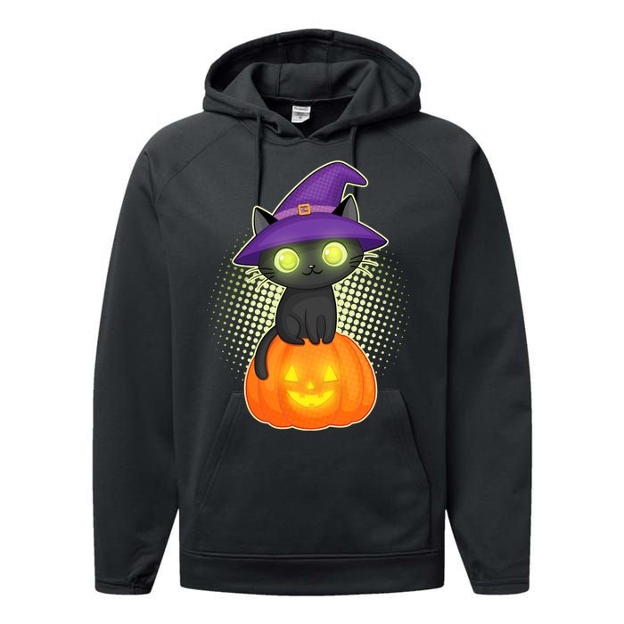 Cute Witch Kitten With Pumpkin Performance Fleece Hoodie