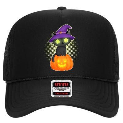 Cute Witch Kitten With Pumpkin High Crown Mesh Back Trucker Hat