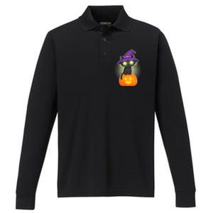 Cute Witch Kitten With Pumpkin Performance Long Sleeve Polo