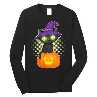 Cute Witch Kitten With Pumpkin Long Sleeve Shirt