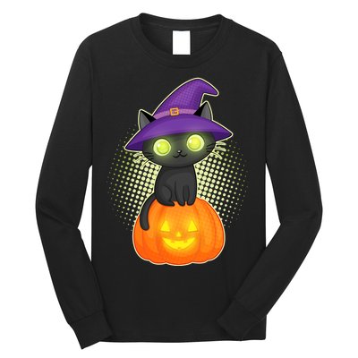 Cute Witch Kitten With Pumpkin Long Sleeve Shirt