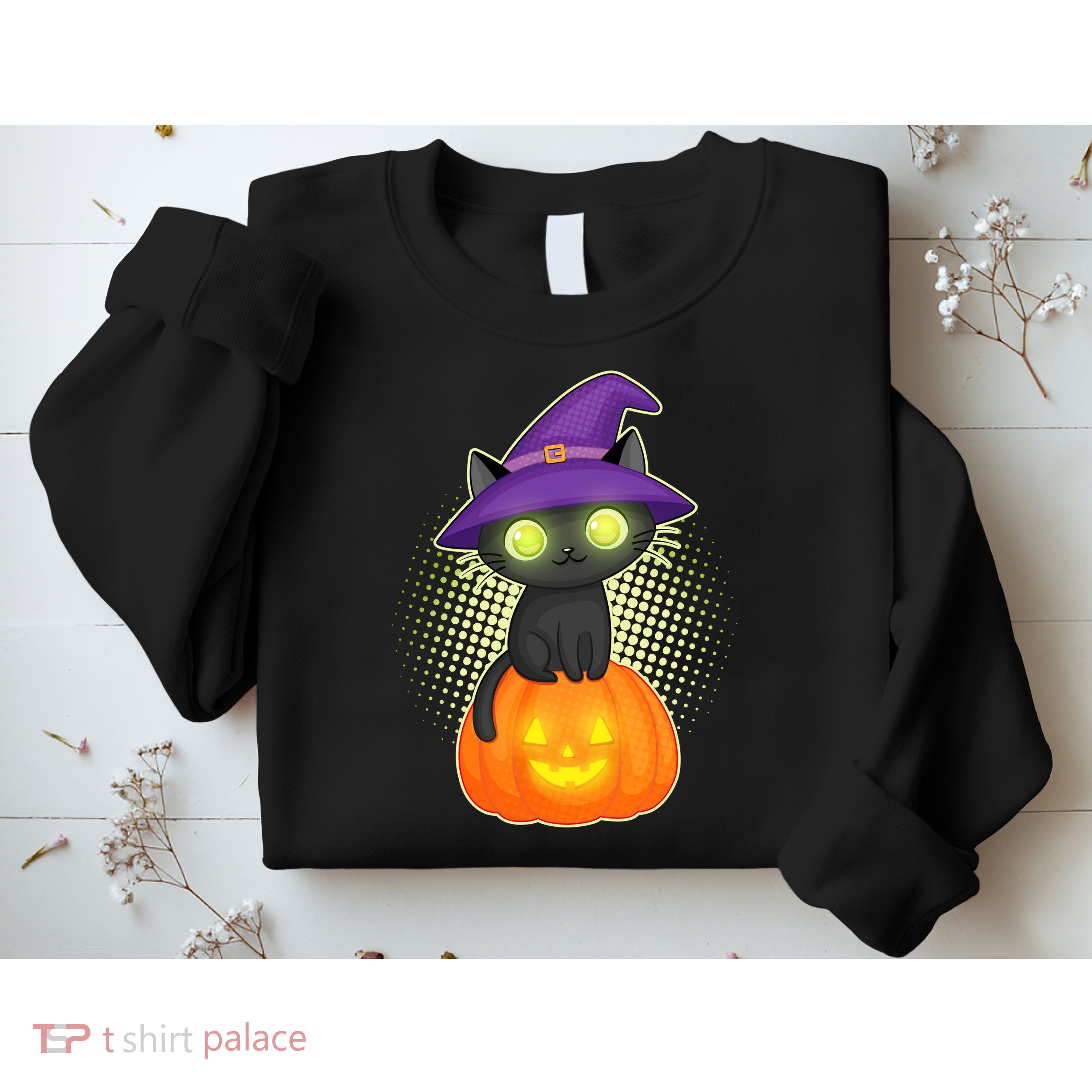 Cute Witch Kitten With Pumpkin Sweatshirt