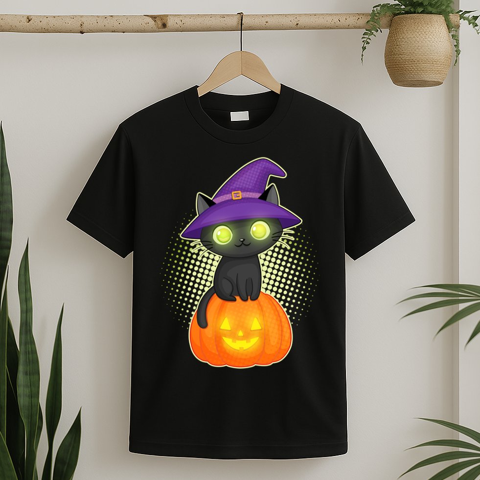 Cute Witch Kitten With Pumpkin T-Shirt