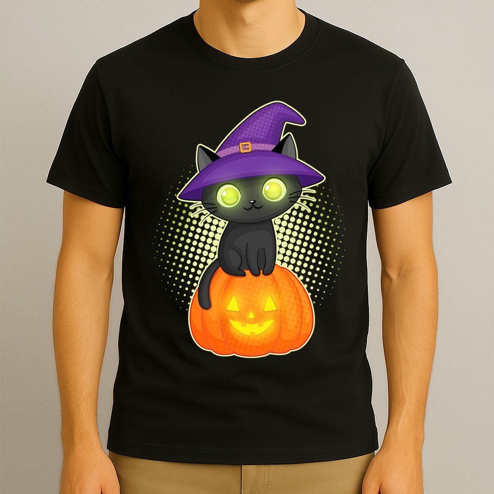 Cute Witch Kitten With Pumpkin T-Shirt