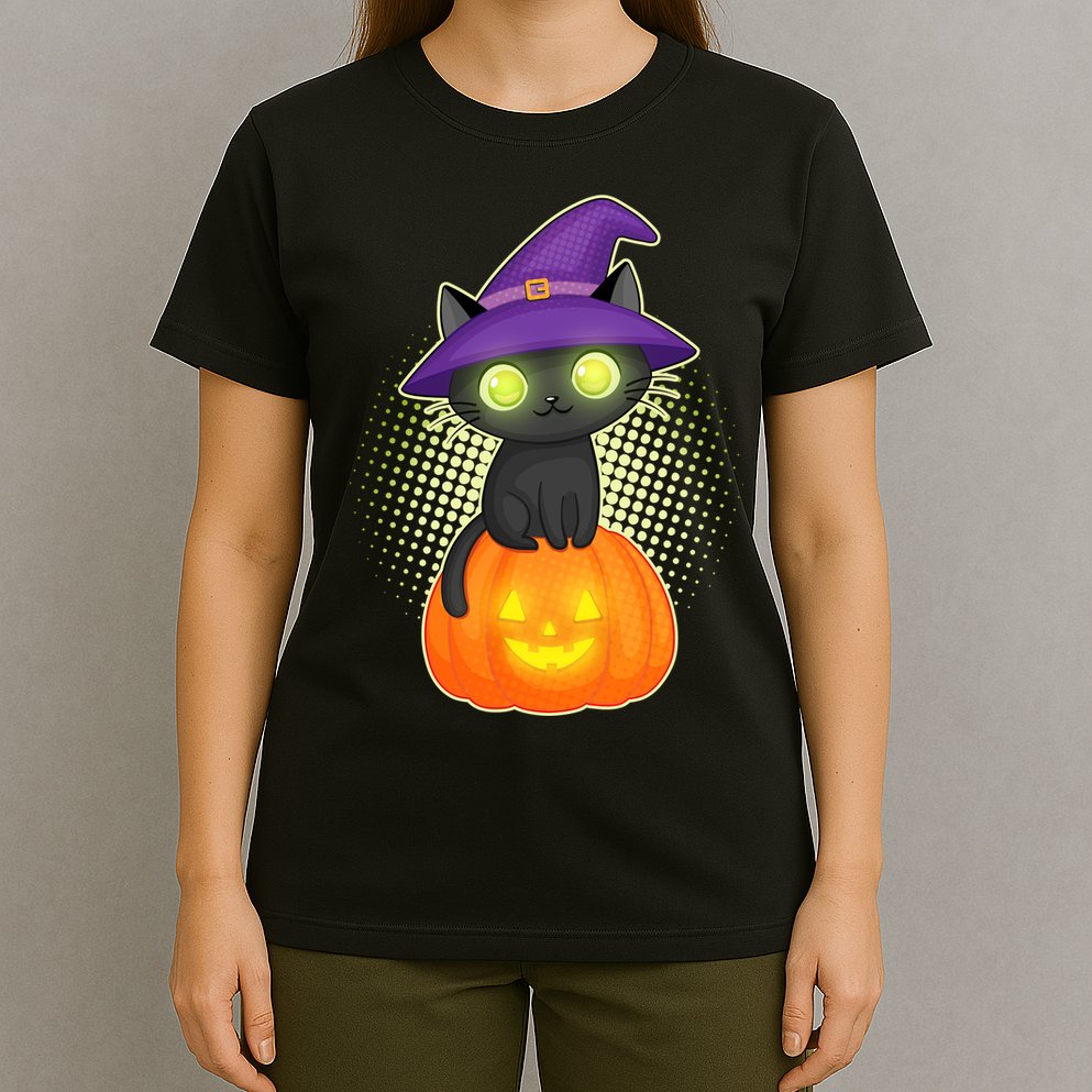 Cute Witch Kitten With Pumpkin T-Shirt