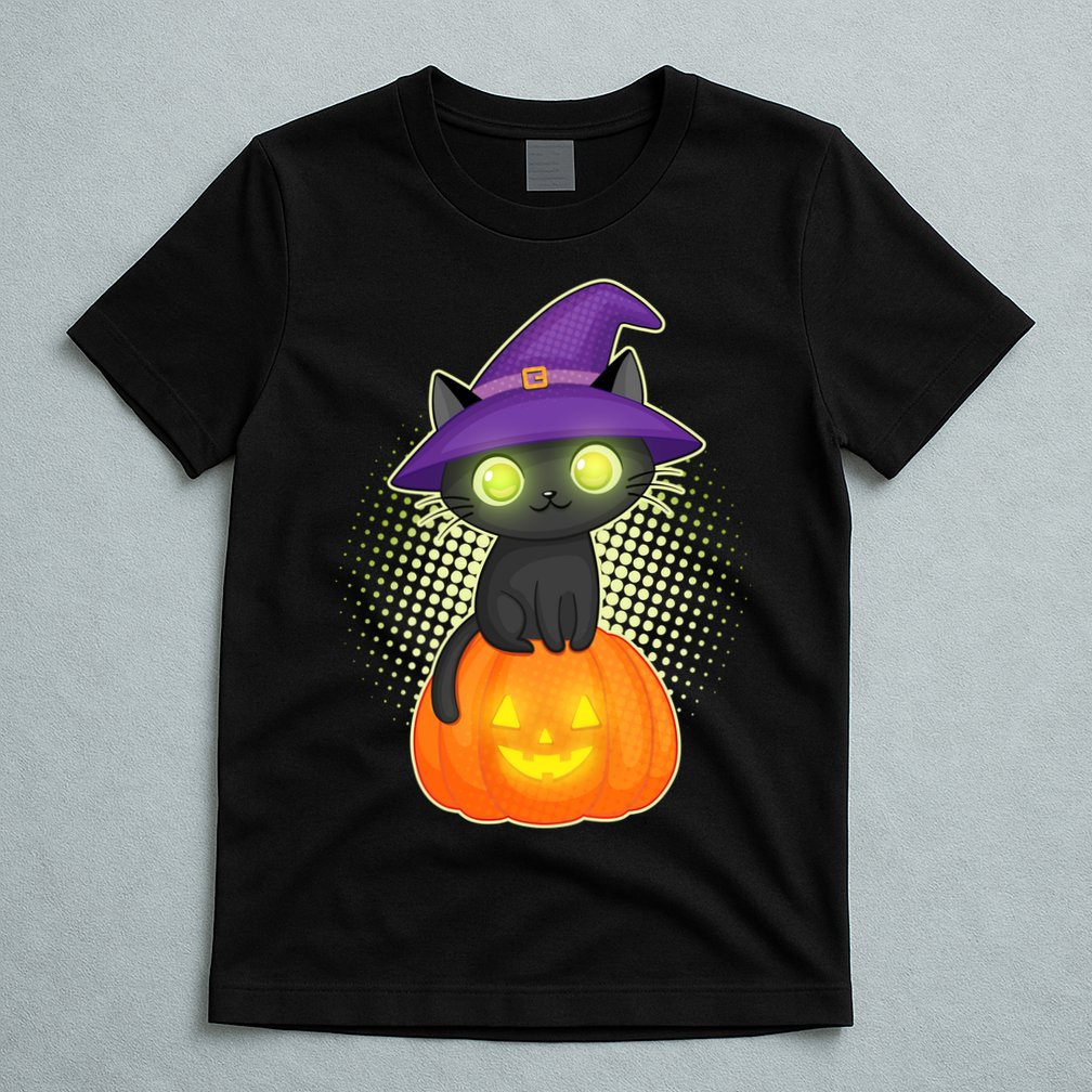 Cute Witch Kitten With Pumpkin T-Shirt