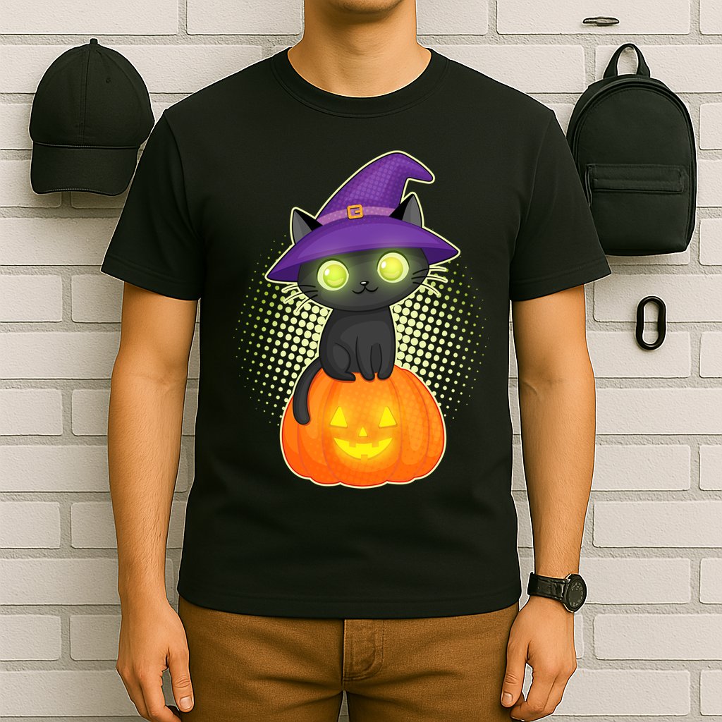 Cute Witch Kitten With Pumpkin T-Shirt