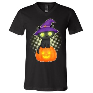 Cute Witch Kitten With Pumpkin V-Neck T-Shirt