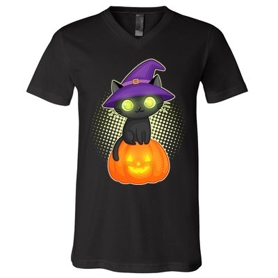 Cute Witch Kitten With Pumpkin V-Neck T-Shirt