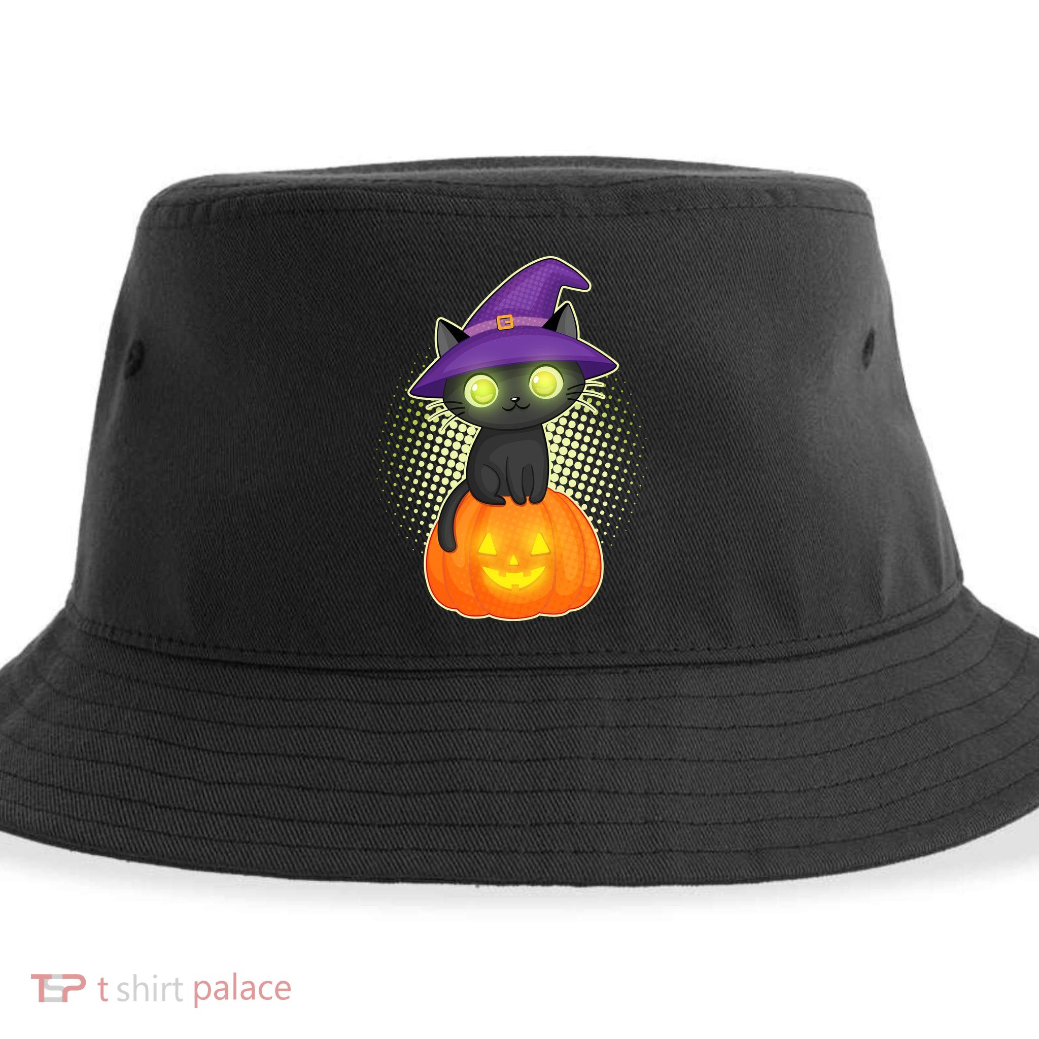 Cute Witch Kitten With Pumpkin Sustainable Bucket Hat