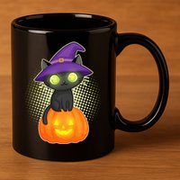 Cute Witch Kitten With Pumpkin 11oz C Handle Ceramic Mug