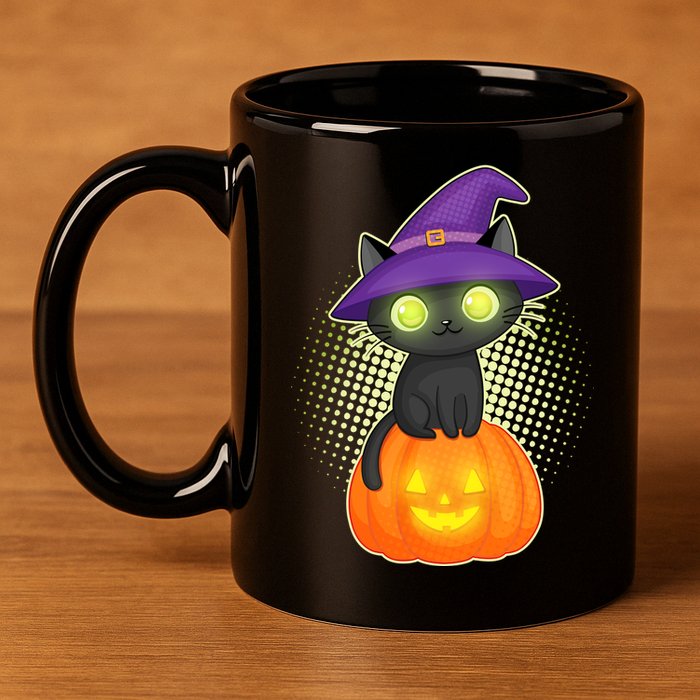 Cute Witch Kitten With Pumpkin 11oz C Handle Ceramic Mug