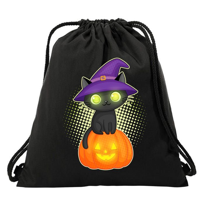 Cute Witch Kitten With Pumpkin Drawstring Bag