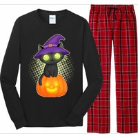 Cute Witch Kitten With Pumpkin Long Sleeve Pajama Set