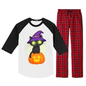 Cute Witch Kitten With Pumpkin Raglan Sleeve Pajama Set