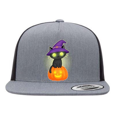 Cute Witch Kitten With Pumpkin Flat Bill Trucker Hat